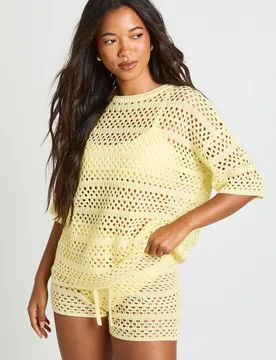 Womens Beach Crochet Oversized Knitted Top And Knicker Short Set - Yellow - Size Small - Boohoo - FashionsVida