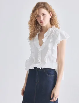 Blusa sin mangas con cuello V y volantes - Blanxart - FashionsVida
