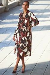 Womens Black Multi Print Zip Front Belted Midi Dress - Brown - Size 6 Uk