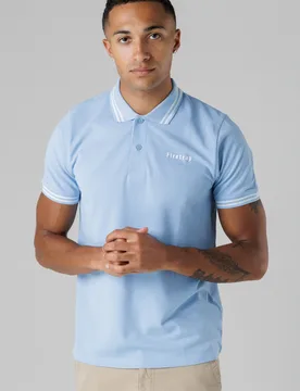 Mens Mid Blue Regular Fit Cotton Button Polo Shirt With Stripe Detail - Size Large - Firetrap - FashionsVida