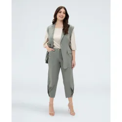 Pantalones de mujer balloon de mezcla de lino bolsillos delanteros y raya marcada detalle de botón en el bajo de la pierna