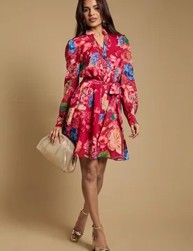 Women's Petite Printed Chiffon Button Up Belted Waist Mini Dress in Red Size: 14 - Red - Size: 14 - OASIS - FashionsVida