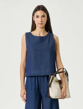Top blu denim in chambray di cotone con zip sul retro - Hlo! - FashionsVida
