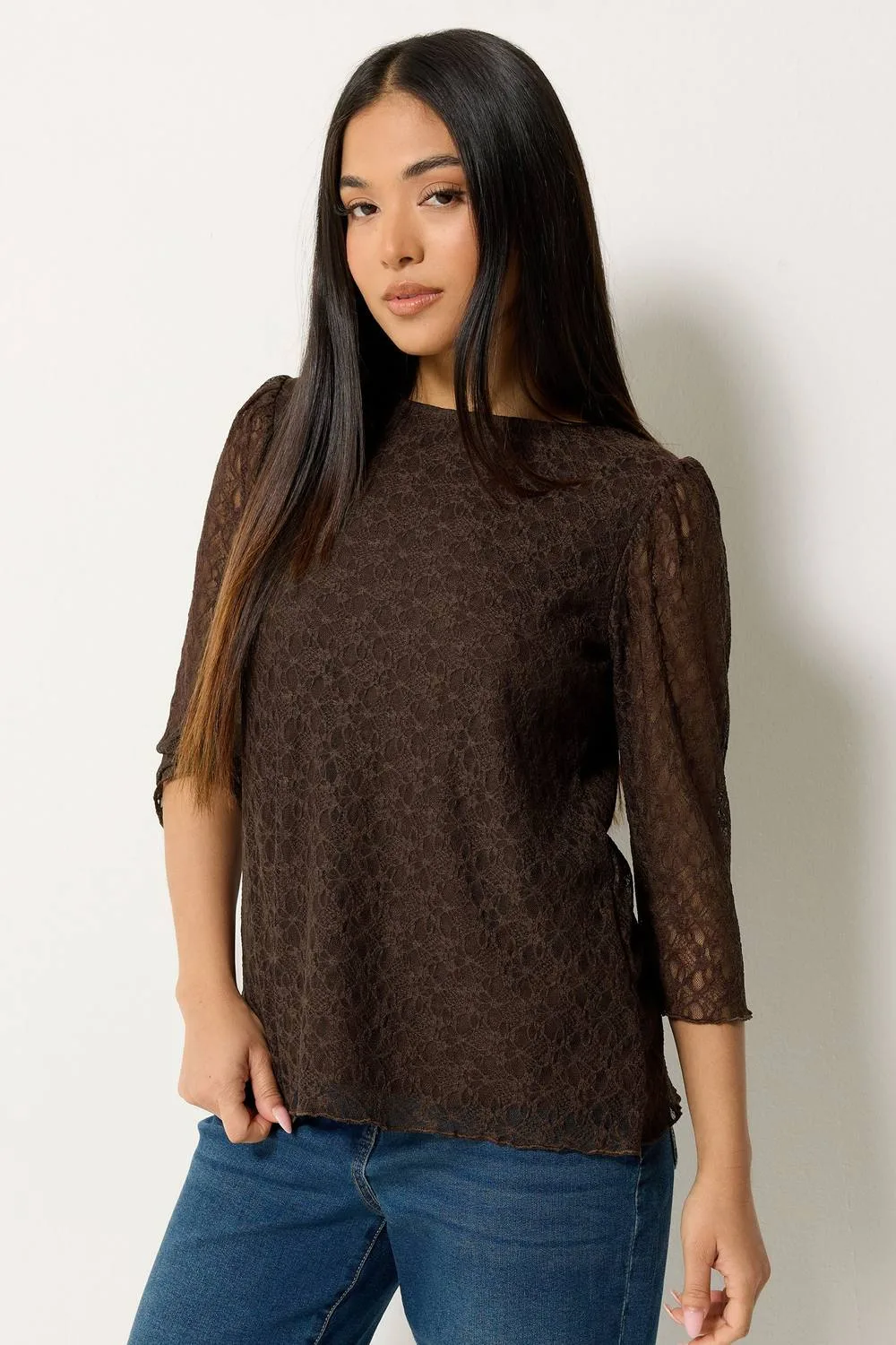 Women's Petite Lace Top in Chocolate Size: 10 - Chocolate - Size: 10 - M&Co - FashionsVida