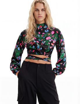 Blouse courte fleurie M. Christian Lacroix, Viscose, Noir, XS