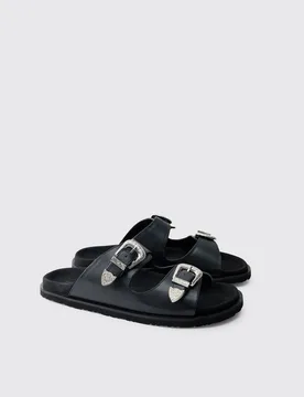 Herren Kunstwildleder Doppelriemen Western-Schnallen Sandale Black Größe 11 - boohooMAN - FashionsVida