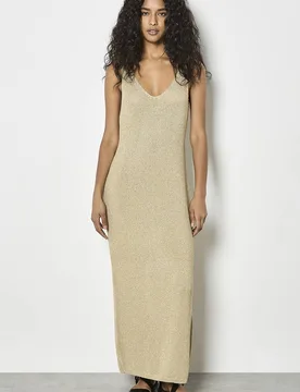 Women's Gold Shimmer Knitted Maxi Dress Size: 12 - Gold - Size: 12 - Apricot - FashionsVida