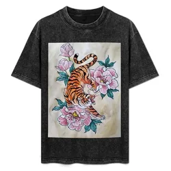 Tiger and Peonies T-Shirt Plus Size Simple Casual Top