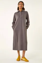 Buttoned Collar Midi Dress - Grey - Size: 12