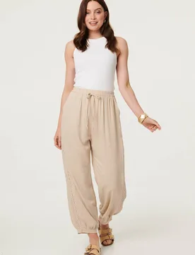 Women's Lace Trim Drawstring High Waist Trousers in Beige Size: 8 - Beige - Size: 8 - Izabel London - FashionsVida