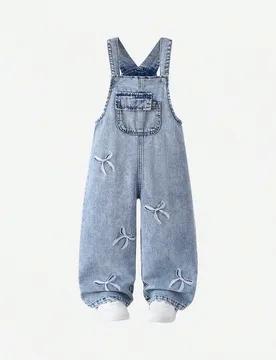 Pantalones de peto y mono de mezclilla para niñas pequeñas, estilo casual de moda, mezclilla vintage de color claro azul claro, patrón de lazo blan - Shein - FashionsVida