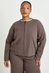 Womens Plus Knitted Rib Zip Through Sweat - Chocolate - Size 24 Uk
