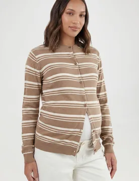 Womens Maternity Super Soft Stripe Crew Neck Knitted Cardigan - Beige Viscose - Size 10 Uk - Boohoo - FashionsVida