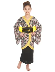 Japanerin Mädchenkostüm Geisha-Kostüm schwarz-gelb-bunt