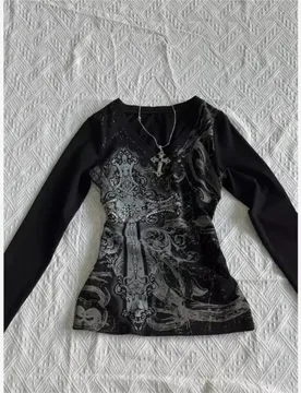 Y2k Sexy V-neck Long-sleeved T-shirt Spring Summer Women's New Casual Round Neck Black Printed T-shirt Top Ropa Para Mujer - Aliexpress - FashionsVida