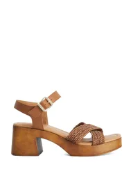 Leather Woven Strap Block Heel Sandals Tan female