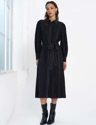 Belted Midi Shirt Dress Black Mix female