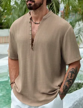 Camisa Henley de Lino para Hombre Mercer Haus, para Vacaciones de Verano y Ropa de Playa - Shein - FashionsVida