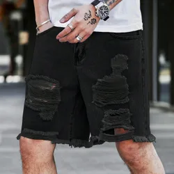 Shorts vaqueros holgados para hombre con diseño desgarrado y dobladillo crudo