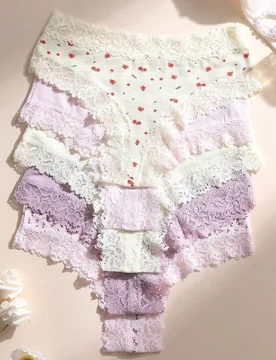Paquete de 5 bragas tipo tanga de mujer con encaje y parches, de tiro bajo, suaves, cómodas, transpirables, adecuadas para yoga, deportes y uso diari - Shein - FashionsVida