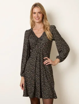 Floral Neck Swing Dress With Tie - S/M / BLACK PATTERN - female - Blue Vanilla - FashionsVida