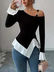 Elegant and fashionable off shoulder long sleeved T-shirt with contrasting color and asymmetrical hem top