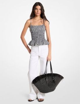 Para mujer. MS640ZXKQP Top con fruncidos a cuadros , (M), Algodón, Sin mangas / Tirantes