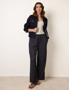 Spot Print Crinkle Wide Leg Trousers - S / NAVY - female - Blue Vanilla - FashionsVida