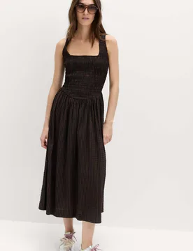 Checked Shirred Bodice Midi Skater Dress Brown Mix female - M&S - FashionsVida