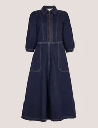 Denim Zip Front Midi Skater Dress Indigo female