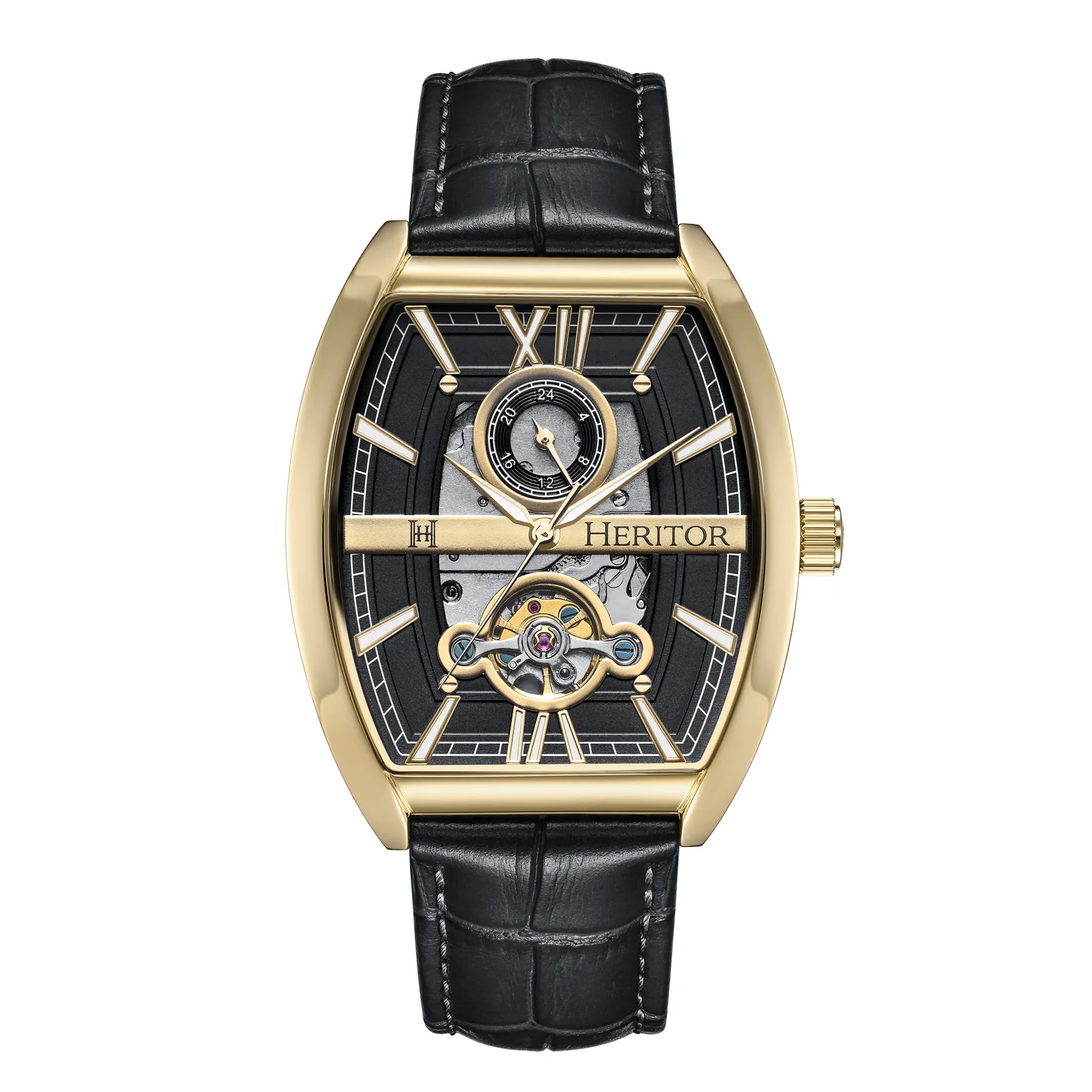 Mens Masterson Semi-Skeleton Leather-Band Watch - Gold Stainless Steel - One Size - Heritor Automatic - FashionsVida