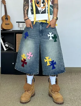Shorts de mezclilla casuales de pierna recta holgada y pierna ancha con diseño de bordado de bigotes de gato, desgastados y lavados, versátiles, de - Shein - FashionsVida