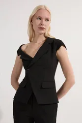 Compact Stretch Asymmetric Collar Belted Tailored Top - Black - Size: 10