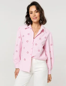 Pink Heart Embroidered Stripe Shirt - Pink - Size: L - Liquorish - FashionsVida