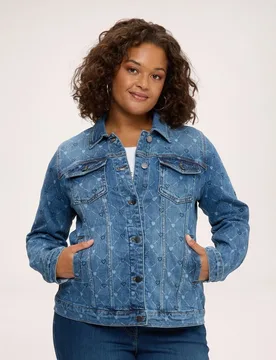 Chaqueta de mujer de denim con estampado y corazones dos bolsillos con solapa en el pecho y dos bolsillos laterales - Fiorella Rubino - FashionsVida