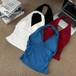 V Neck Design Halter Neck Cami Top With Built In Bra Pads Sleeveless Style Built In Bra Cami 1PC Solid Color
