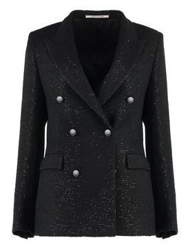 Sequin Double-Breasted Blazer with Padded Shoulders