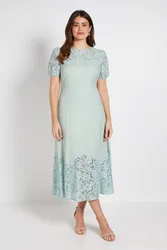 Lace Puff Sleeve Midi Dress - Sage - Size: 8