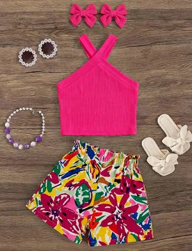 Conjunto de 2 piezas de top sin mangas y shorts de unicolor tejido para niña - Shein - FashionsVida