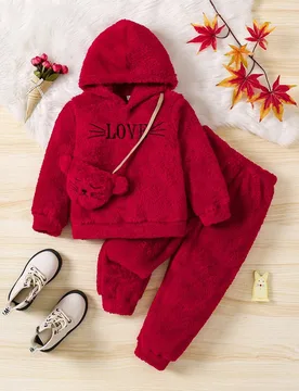 Conjunto de 3 piezas para niñas: Sudadera con capucha de forro polar con bordado de letras y animales, pantalones y bolso bandolera, adecuado para ot - Shein - FashionsVida