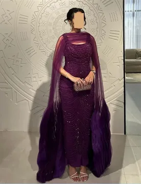 Luxury Purple Evening Dress Arab Prom Gown Customized Square Neck Beading Tulle Cape Sheath Saudi Party Dresses فساتين س - Aliexpress - FashionsVida