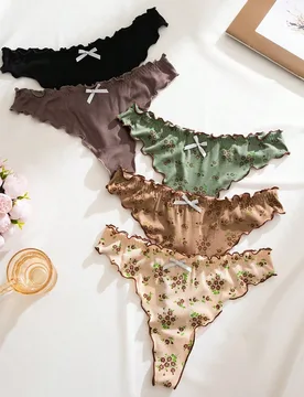 Set de 5 bragas tipo tanga con estampado floral, volantes y tela acanalada sexy - Shein - FashionsVida
