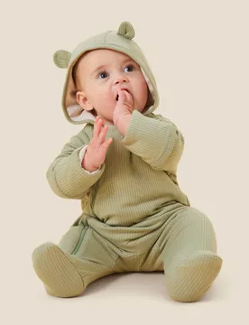 Cosy Supersoft Ribbed Pramsuit (0-24 Mths) Green unisex - MORI - FashionsVida