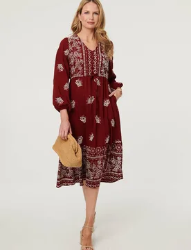 Women's Embroidered Long Sleeve Midi Dress in Red Size: 12 - Red - Size: 12 - Izabel London - FashionsVida