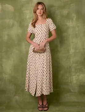 Milkmaid Polka Dot Puff Sleeve Dress - 8 / LINEN - female - Blue Vanilla - FashionsVida