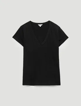Pure Cotton Textured V-Neck T-Shirt Black female - hush - FashionsVida