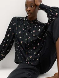 Floral Tie Neck Button Through Blouse Black Mix female