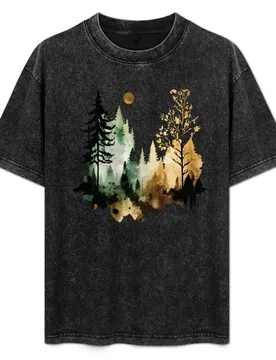 A Sepia Forest Under the Moon - Watercolor Trees and Leaves T-Shirt Basic Solid Tee for Daily Use - Aliexpress - FashionsVida