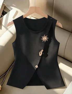 Chaleco corto sin mangas con cuello redondo, elegante y casual para niñas preadolescentes, con botones dorados, estilo vintage - Shein - FashionsVida