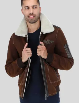 Mens Luxury Real Pilot Jacket - Brown Leather - Size X-Large - Fenland Sheepskin - FashionsVida